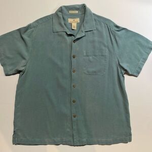 Paradise collection men’s silk button-down, short sleeve shirt steel blue size L